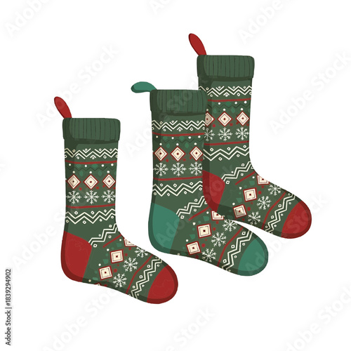 Festive Christmas stockings filled with holiday cheer. Three beautifully decorated Christmas stockings in shades of red, green, and white. Each stocking is adorned with unique patterns and designs.