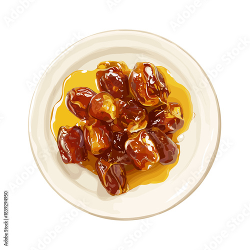 Vector illustration of a plate of dates smothered in honey isolated on a white background