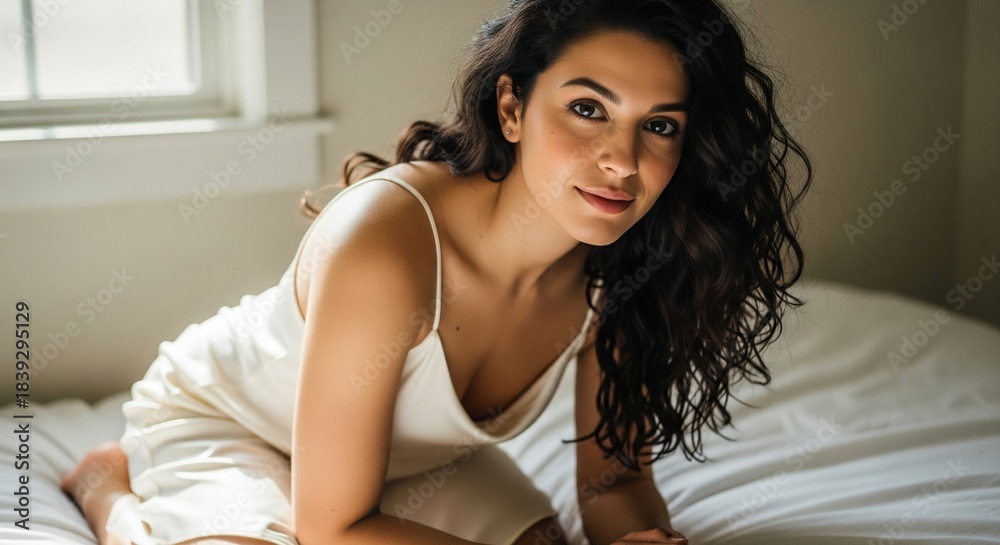 Naklejka premium A beautiful woman with dark, curly hair and warm skin tones kneels on a white bed, wearing a cream-colored slip dress with thin straps. She gazes softly towards the viewer, with a gentle smile.
