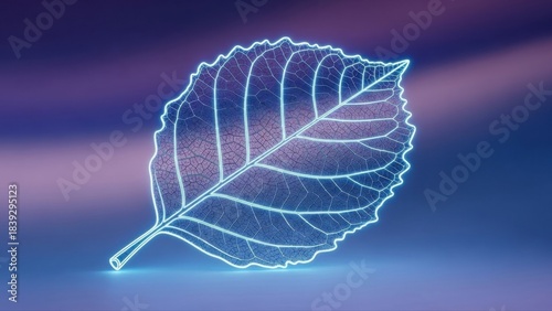 Glowing neon leaf outline showing delicate veins on a smooth gradient background, blending nature with a futuristic digital style.