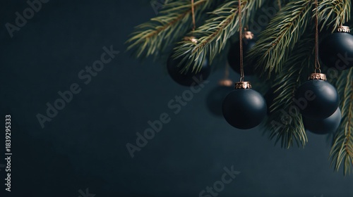 Dark green christmas tree with black and gold baubles on spruce branches, dark background, copy space, close up view, perfect for festive banner design and holiday themed layouts.