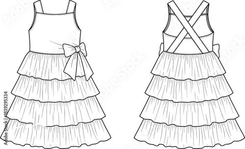 Women's Fashion Technical Sketch of Sleeveless Tiered Ruffle Midi Dress with Shoulder Straps, Side Bow Detail, and Crisscross Back Opening in Outline Drawing.