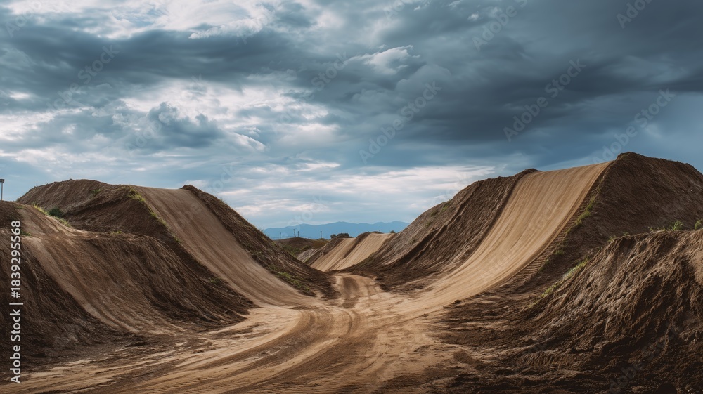 Fototapeta premium Section of the monster truck track with massive dirt ramps and clear tire marks, capturing the scale and rugged detail of an outdoor dirt racing course