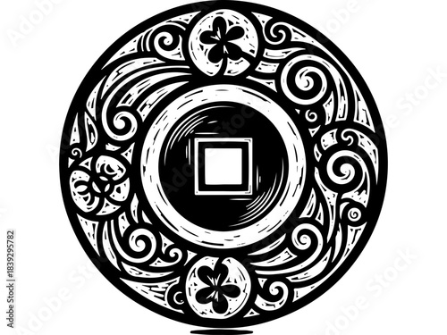 Decorative Woodcut Style Vector Design for Vasilopita Cake Tradition. Ornate Folk Art Illustration for New Year Celebrations in Greece, Cyprus, Balkans.