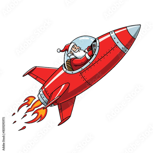 Santa Claus in a red rocket, flying towards the sky, perfect for the holiday season!