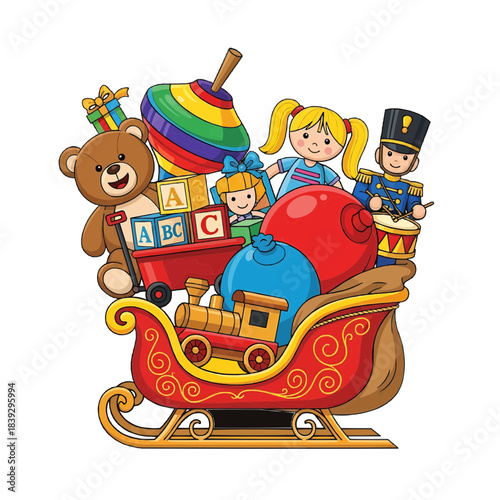 A sleigh filled with colorful toys, perfect for children to play and enjoy. Toys include a teddy bear, a doll, a wooden block and spinning top