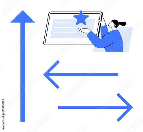 Direction, digital content, navigation, decision-making, pathways, user interaction. A person engaging with a tablet beside directional arrows. Direction and navigation concept