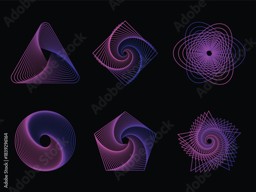 Abstract geometric shapes with swirling line art and vibrant gradient colors a modern digital design element for technology backgrounds and creative projects