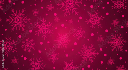 Large, bright snowflakes and circles on a dark pink gradient background. An eye-catching design for Christmas, winter, and party themes.