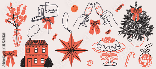 Cozy whimsical vintage new year home decor set in doodle line art print style. Christmas whimsy decorations with red bow and ribbons. Hand drawn ink winter holiday party invitation card elements.