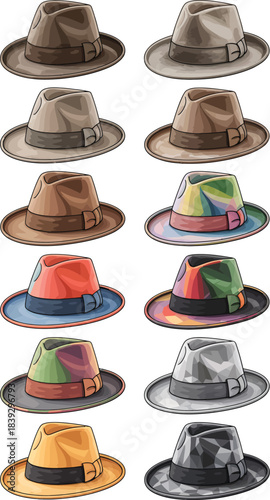 Collection of fedora hats in various colors and styles