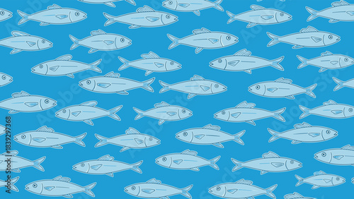 Seamless nautical pattern featuring a school of stylized blue sardine fish swimming in unison across a simple, solid blue aquatic background.