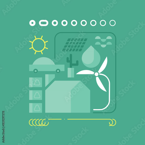 Flat eco home illustration showing solar panels, wind turbine, sun, water drop, cactus, and recycling icons, representing sustainable green energy and smart housing.