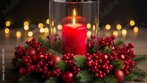 Christmas Candle Wreath with Red Berries and Festive Lights - Cozy Holiday Decor