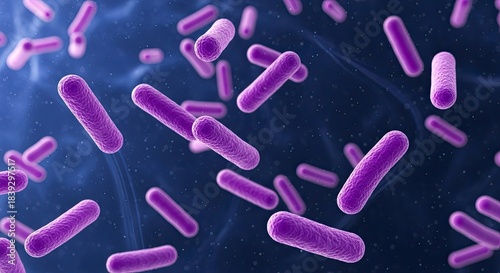 Purple rod-shaped bacteria microorganisms floating in a dark blue liquid environment concept for microbiology and disease research