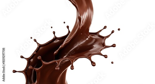 Rich dark chocolate liquid splashing dynamically with drops and swirls against a clean white background illustrating a delicious sweet dessert ingredient