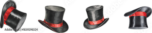 Black silk vintage top hat with a red satin ribbon. Set Men's headdress. Realistic multi colored watercolor hand drawn illustration on a white background for design. The arts. Watercolor painting.