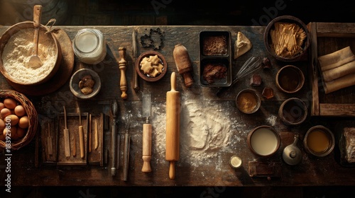 Vintage Farmhouse Baking Table with Flour, Eggs, Utensils and Holiday Cookie Ingredients