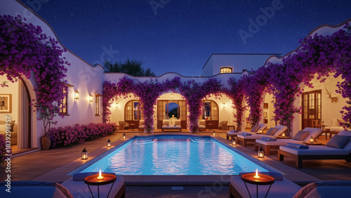 Romantic candlelight evening at a luxury Spanish villa with a starry night sky