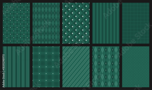 Set of Christmas seamless pattern. Plaid and diamond repeating print for wrapping paper, fabric and textile. Abstract geometric elements. Dark green xmas backgrounds. Vector illustration collection