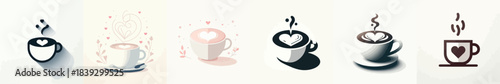 Cup of coffee icon with heart foam. Valentine's Theme. Vector, minimalist, illustration, icon set.