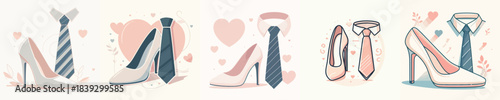 High heel and tie icon. Valentine's Theme. Vector, minimalist, illustration, icon set.