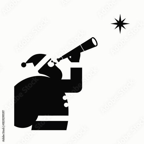 Santa Gazing at the Star Through Telescope — Festive Cosmic Wonder in Minimalist Monochrome Silhouette