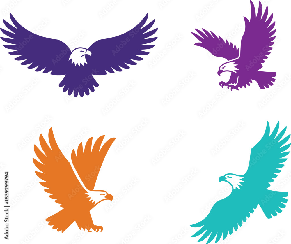 Fototapeta premium Four colorful eagle silhouettes in flight, eagle, bird, flight, silhouette, icon, symbol