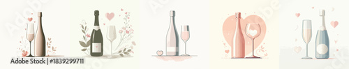 Champagne bottle & glass icon. Valentine's Theme. Vector, minimalist, illustration, icon set.
