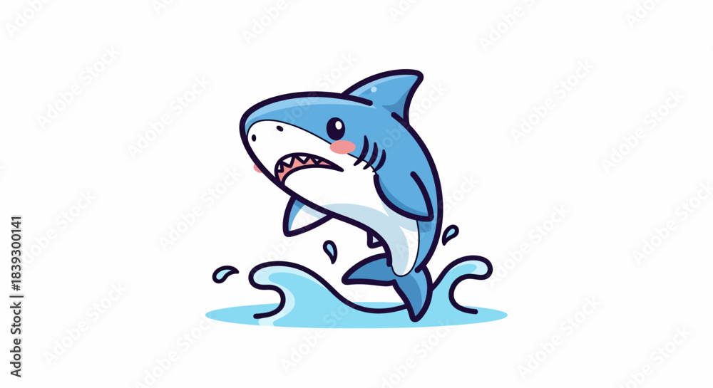Naklejka premium Cute Cartoon Shark Jumping Out of Water Illustration.