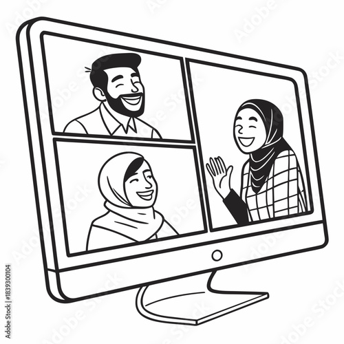 A minimalist black and white vector line drawing shows a computer monitor displaying a video conference with three people.