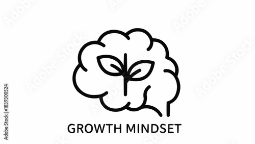 A simple line drawing of a brain with a sprouting seed inside, representing growth mindset, on a clean background, viewed from the front
