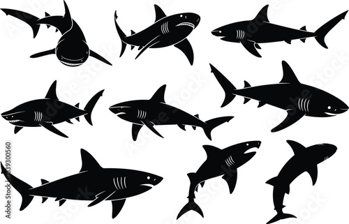 Collection of black shark silhouettes in various poses and angles white background marine life