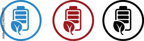 Three battery icons with leaf symbol representing green energy battery, energy, green energy, eco-friendly,  and sustainable power solutions.