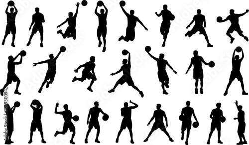 Collection of black silhouettes of basketball players in various poses and actions white background