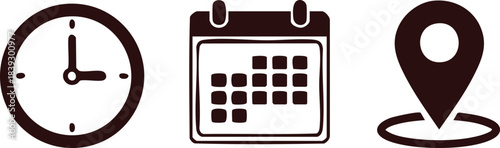 Time, date, and location essential icons set: simple flat clock, calendar, and map pin silhouettes for planning and events