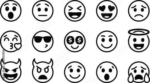 Collection of fifteen black and white emoji faces with various expressions emoticon icon
