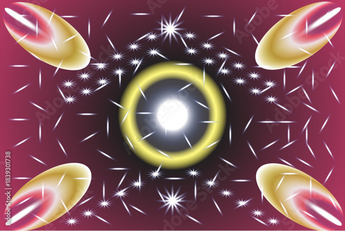 Abstract glowing portal with golden orbs and cosmic dust