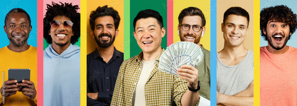 Fototapeta premium Seven men stand together on a vibrant set, celebrating with smiles. One man holds a stack of cash, showcasing excitement. The background features bright colors, enhancing the joyful atmosphere.