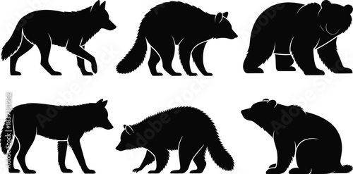 Six black animal silhouettes of a wolf a raccoon and a bear in different poses wolf silhouette raccoon silhouette