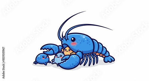 Adorable Blue Lobster Family with Babies Cute Cartoon Illustration.