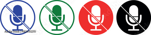 Collection of four microphone mute icons mute, microphone, icon, sound, audio, in blue, green, red, and black on white background