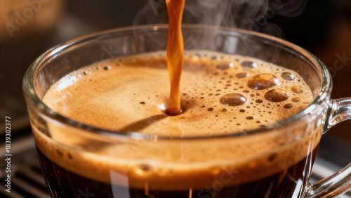 Freshly brewed dark espresso streaming into a clear glass mug, generating rich reddish-brown crema and rising steam.