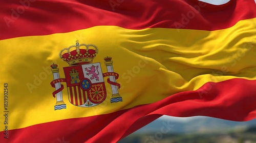 Waving flag of spain against scenic background national flag display vibrant outdoor setting captivating viewpoint