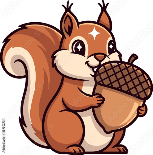 Cute cartoon squirrel holding a large acorn with sparkling eyes and bushy tail animal
