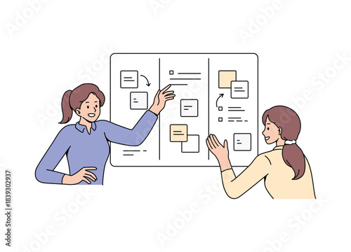 Business team planning project workflow and task distribution on a board. Illustration. Vector flat design.