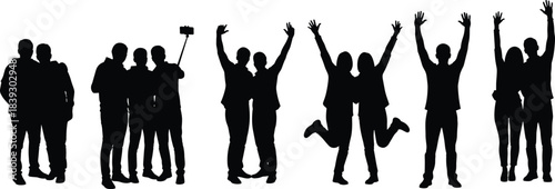 Silhouettes of joyful pairs in motion, celebrating together, emotional connection and friendship, expressive human interaction, flat vector illustration for stock