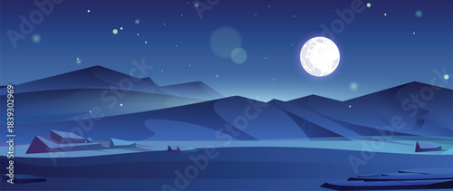 Cartoon night nature landscape full moon shining in sky with stars above field, mountain and rocks. Dark heaven with moonlight romantic fantasy background, midnight twilight.