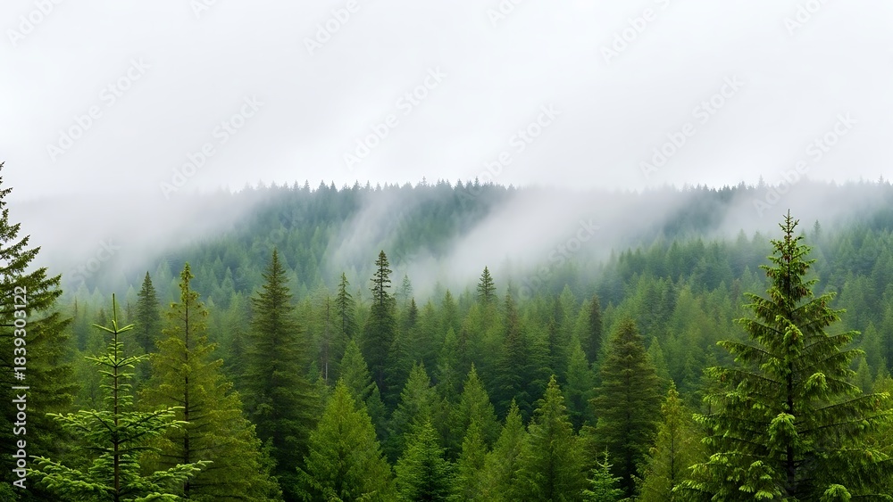Fototapeta premium Dense evergreen coniferous forest covering a mountainside, partially obscured by low-hanging white fog and mist on an overcast day.