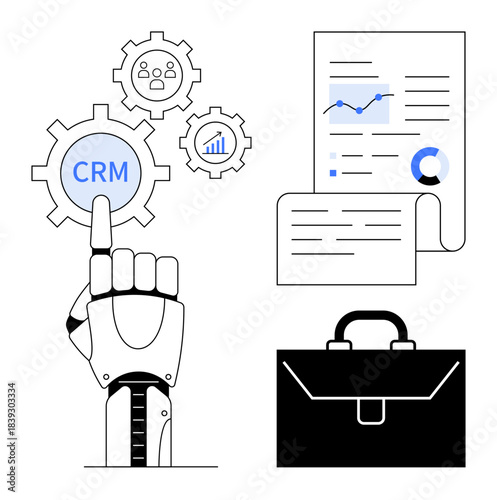 Business solutions, automation, CRM systems, data analytics, artificial intelligence, robotics. Robotic hand interacts with CRM settings, data charts and tools. CRM systems and business solutions